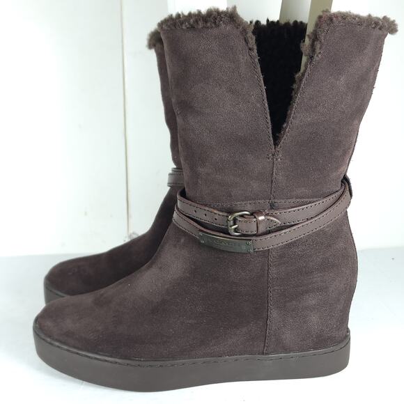 Coach Women's Norell US 7B Brown Suede Fold Down Sherpa Wedge Shearling Boots - Picture 2 of 16